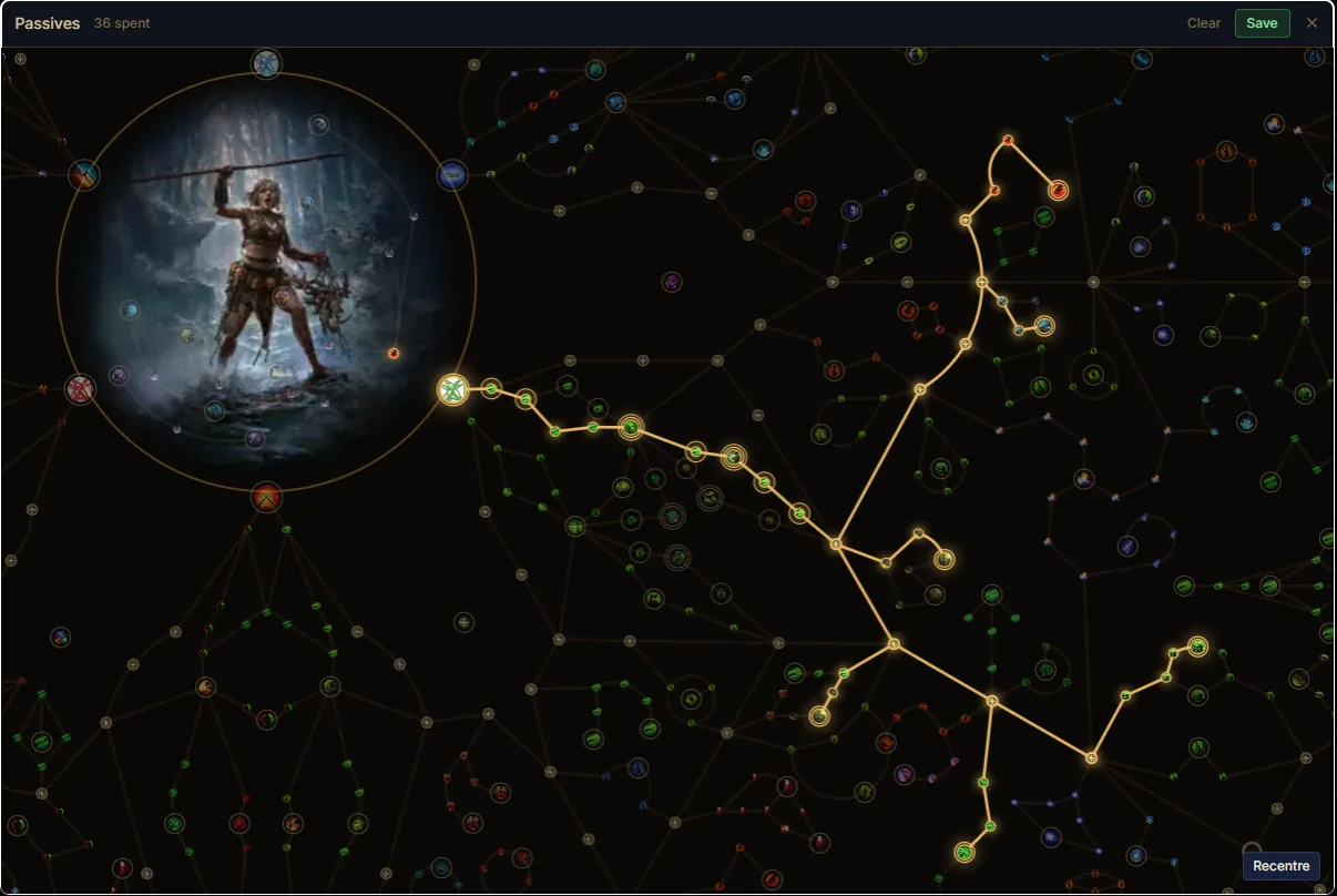 Mirror in-game build planner: the build is written to a .build file and the passive route appears in the game's own planner