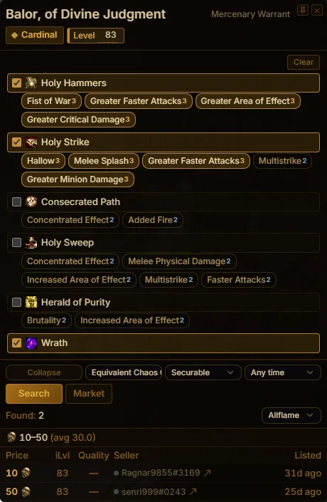 Mirror mercenary pricing: the warrant is read, its skill group shown, and the price follows from it