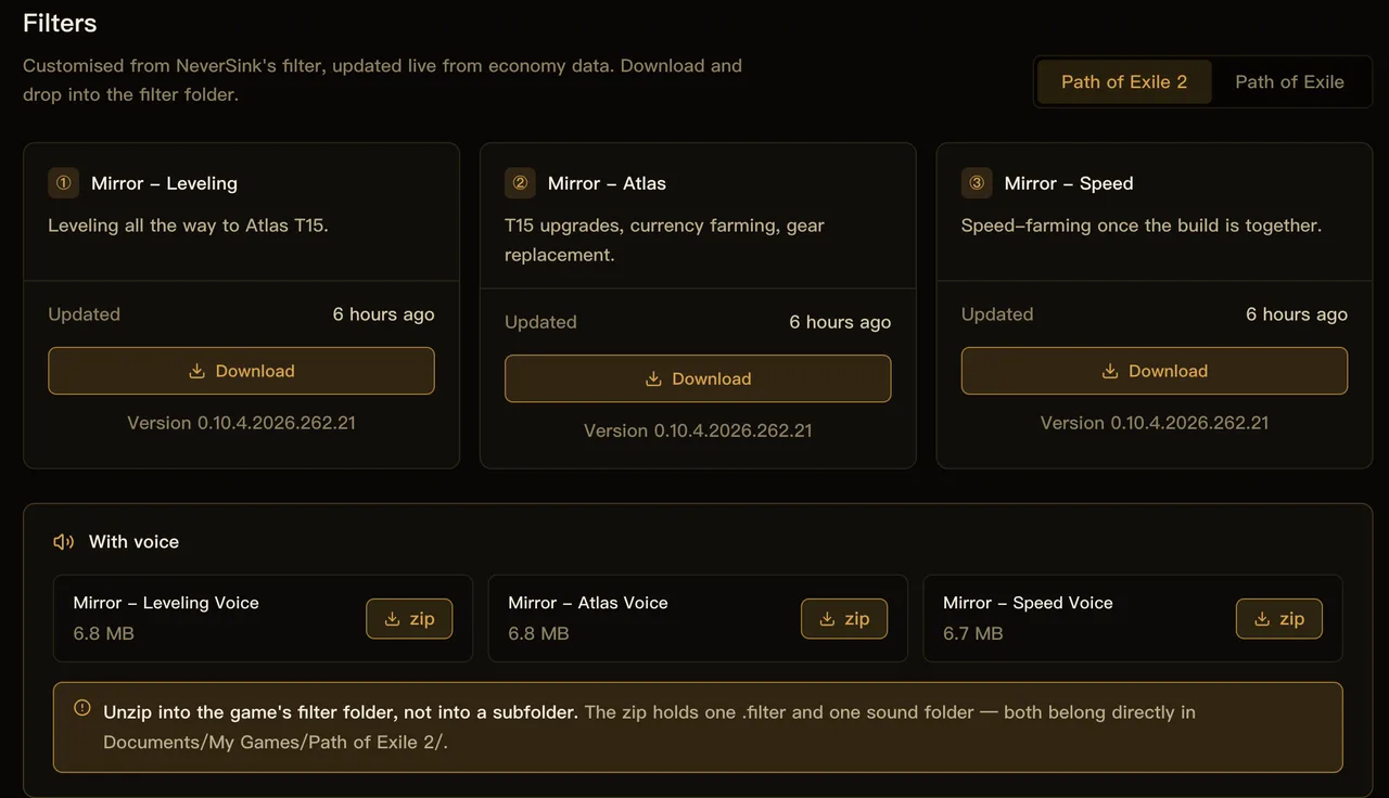 Mirror loot filter downloads: three builds — Pushing, Farming and Speed — each with a sound version
