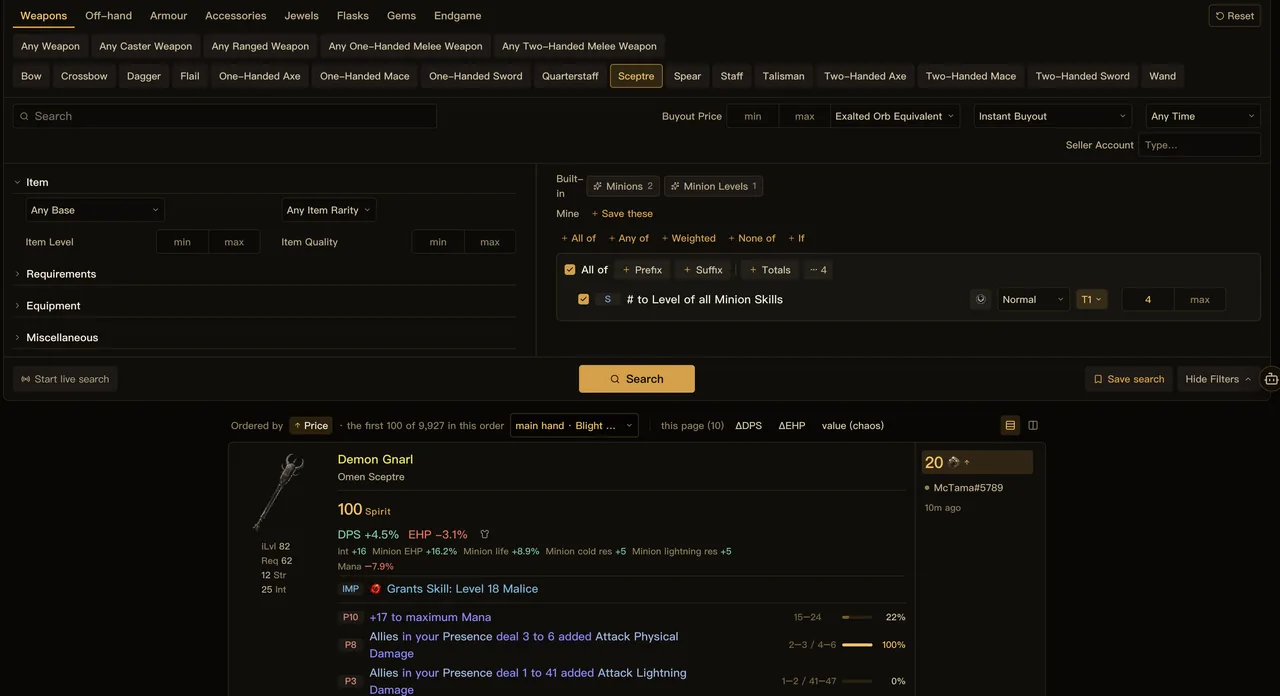 Mirror market search: pick an item class and its modifier pool narrows itself, then search Path of Exile 2 gear by modifier