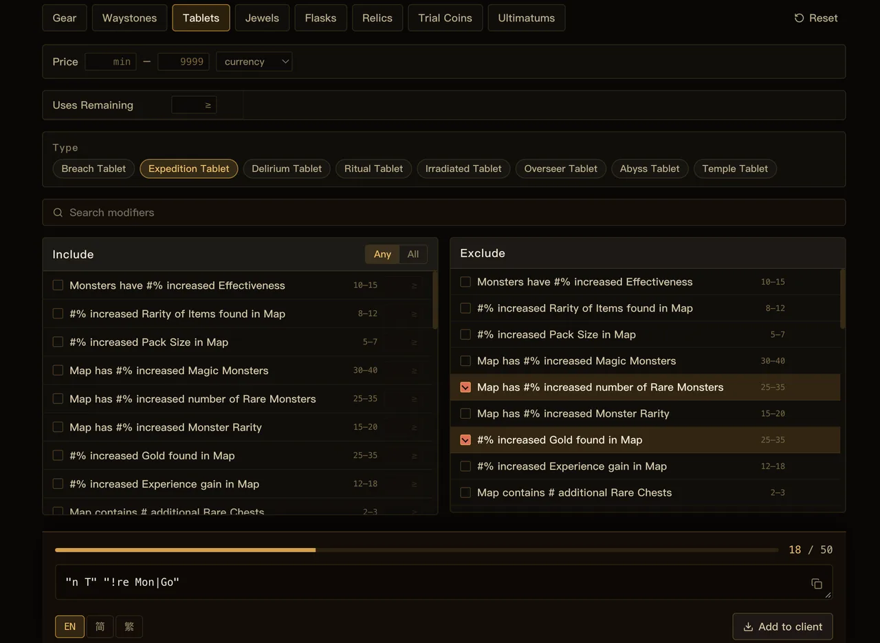 Mirror regex generator: tick the modifier conditions and get an expression for the in-game stash search box